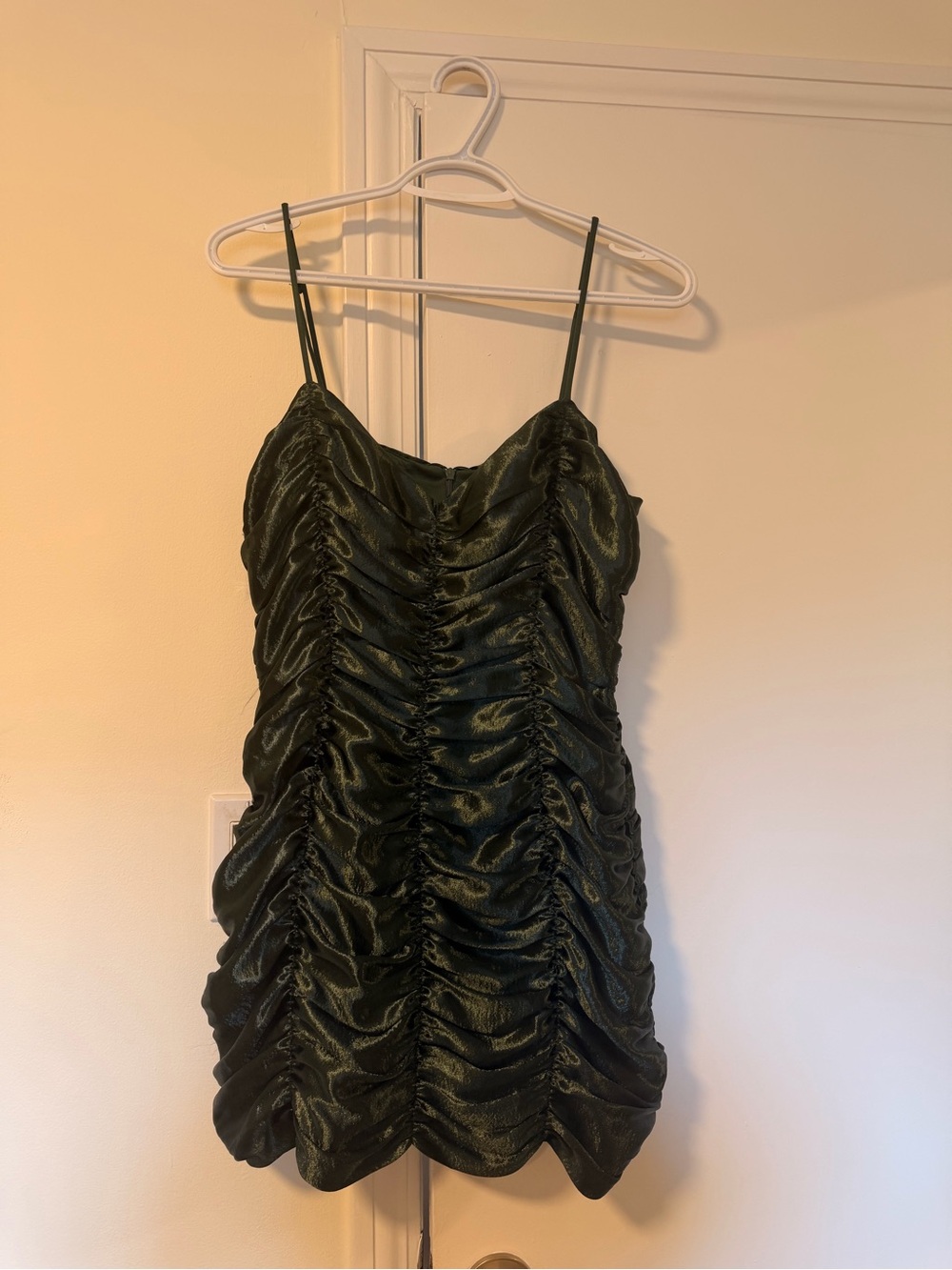 Lucy in the Sky Dark Green Ruched Faux Satin Mini Dress
